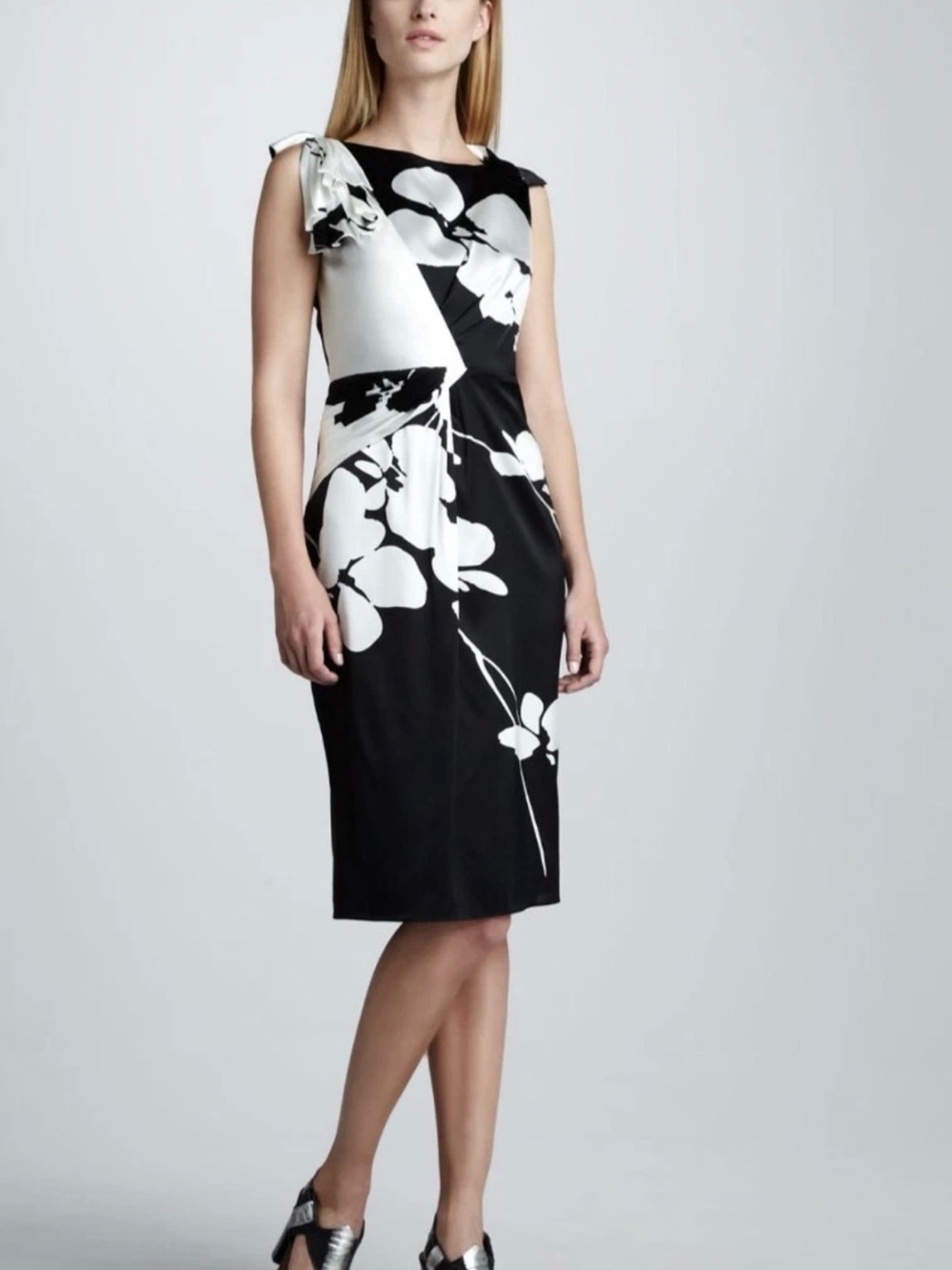 Elie Tahari Runway Luanna Silk Floral Bow Dress Bodycon Sheath $398 US 6 S Midi